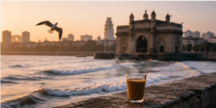 A glass of chai on the sea wall at Mumbai's Marine Drive at sunset