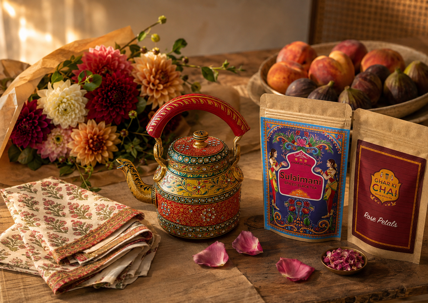 Late-summer host gifts arranged on a warm dining table