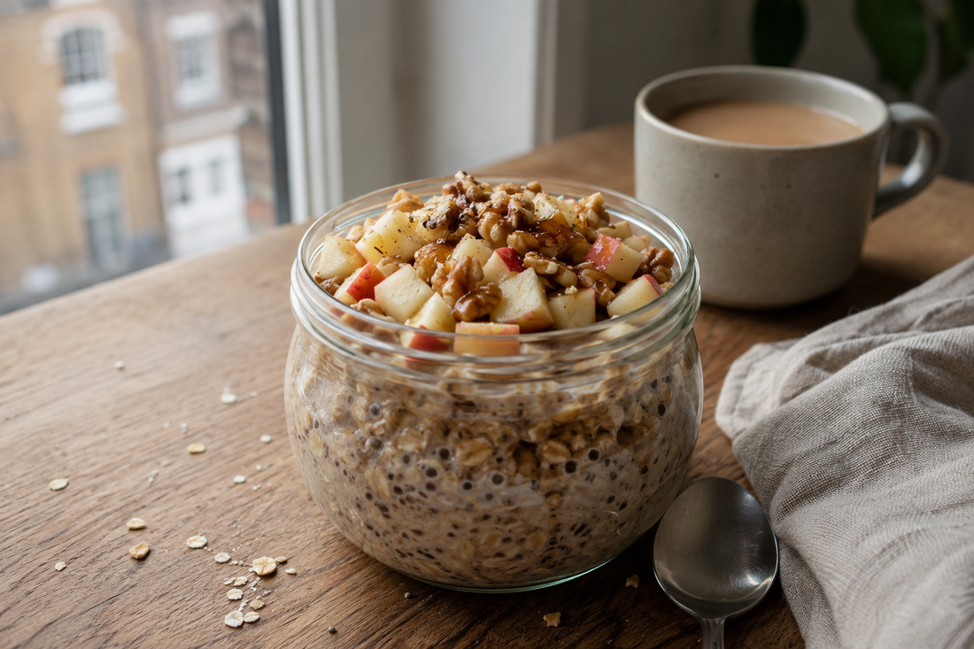 Apple and walnut masala chai overnight oats beside a window