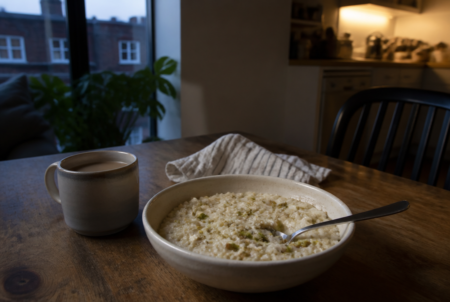 Homemade cardamom chai rice pudding with pistachios on a wooden table in a London home