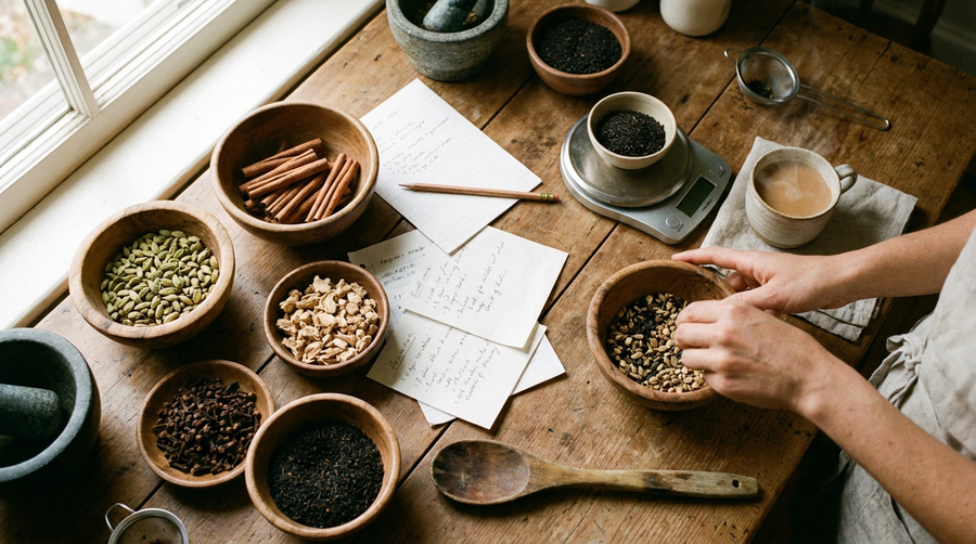 Chai blending table with spices, tea and handwritten recipe notes