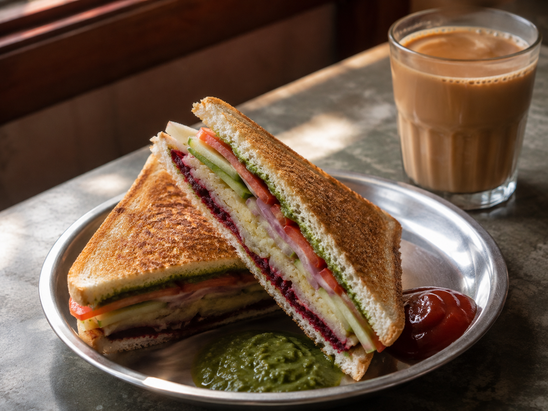 Bombay sandwich with green chutney and chai