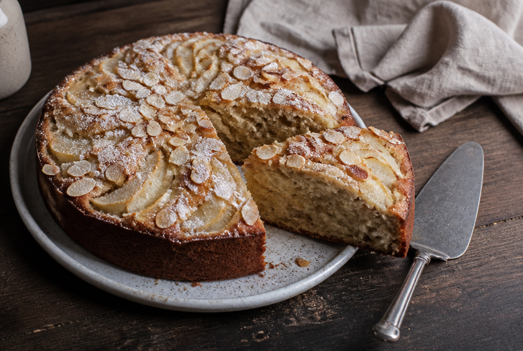 Chai-spiced pear and almond cake with one slice cut