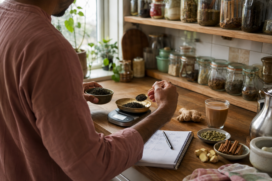 Founder weighing tea and spices while developing a chai blend at home
