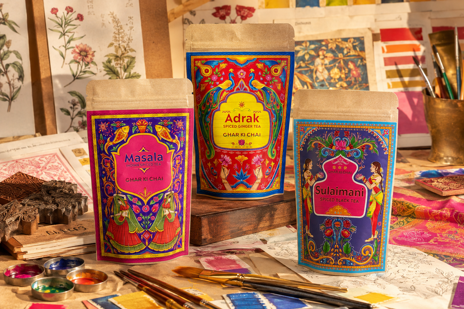 Colourful Ghar Ki Chai Masala, Adrak and Sulaimani packets in an Indian design studio