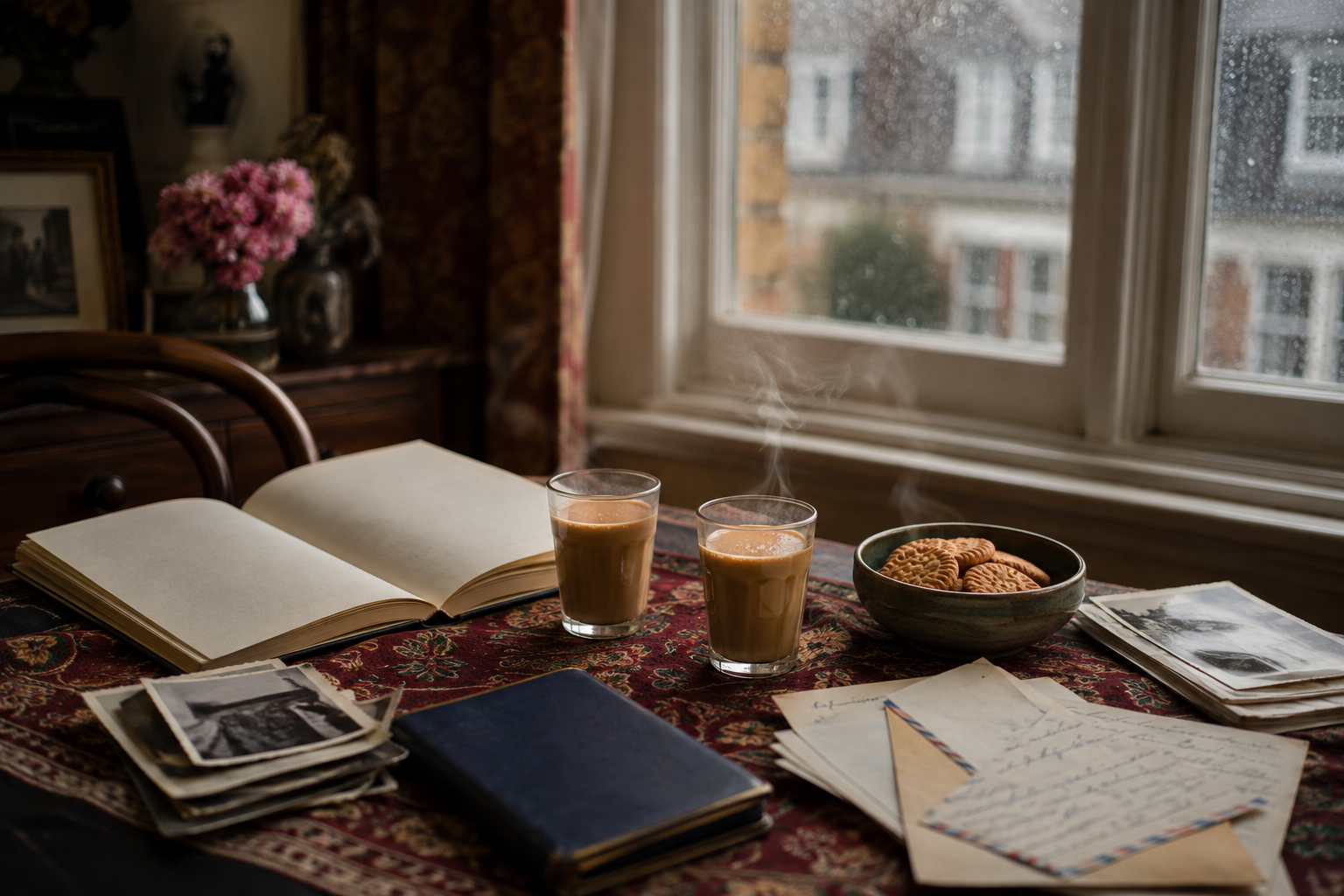 Two chai glasses with books, letters and family photographs beside a rainy window