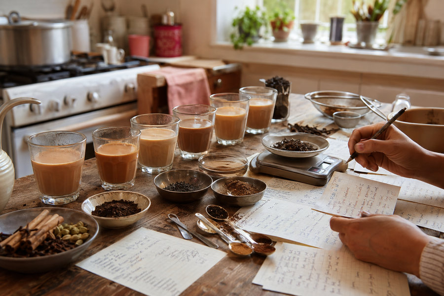 Home kitchen table filled with chai trials, spices and recipe notes
