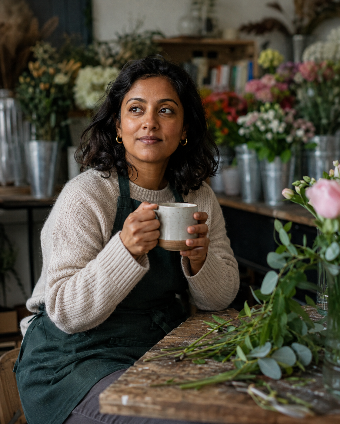 Editorial portrait of Meera with chai in a Brighton florist studio