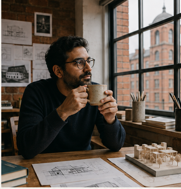 Editorial portrait in a Manchester architecture studio with chai