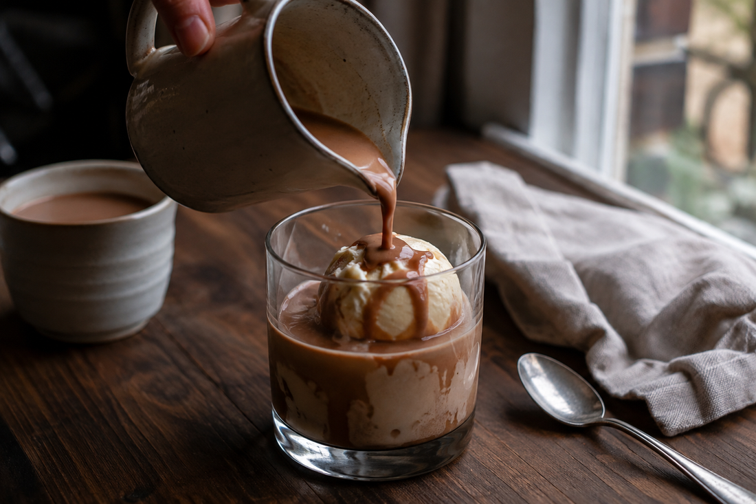 Hot chocolate chai being poured over vanilla ice cream for an affogato