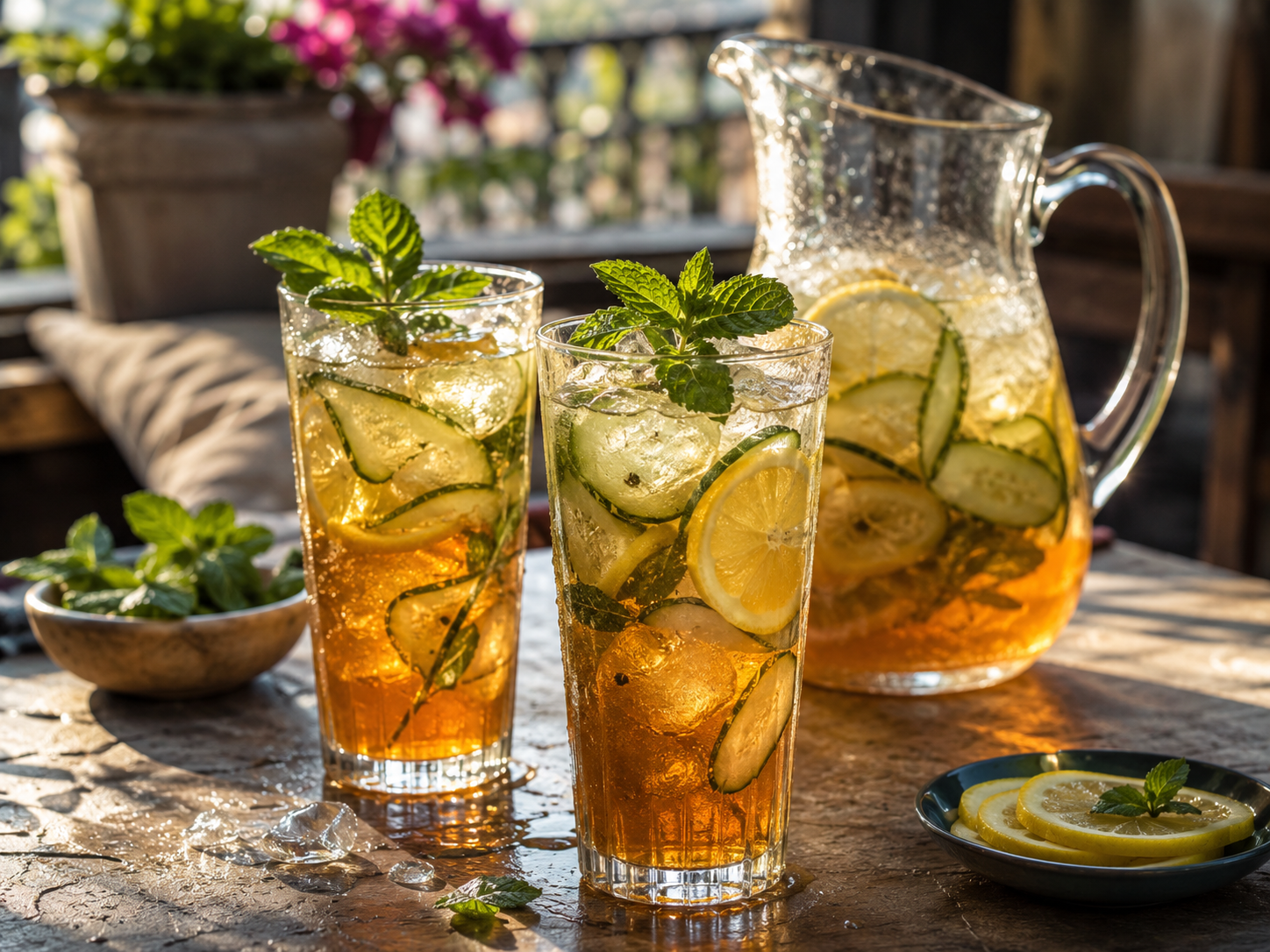 Iced Sulaimani with cucumber lemon and mint