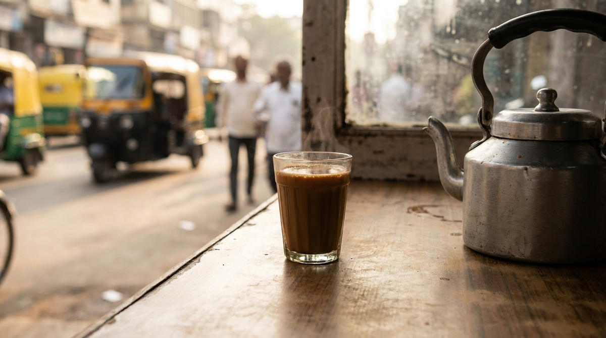 Small cutting chai glass on an Indian cafe counter