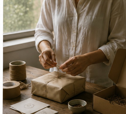 Hands wrapping a parcel on a small chai brand packing table in soft window light