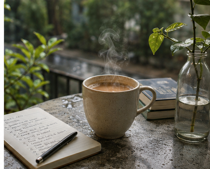 A notebook, pen and hot chai on a rain-speckled table during a quiet planning session