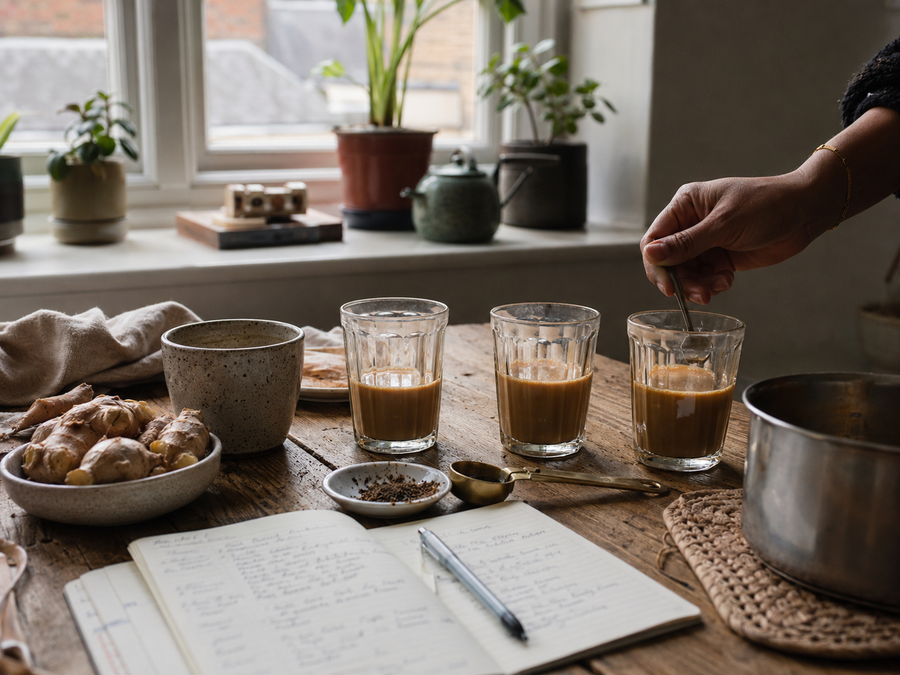 A behind-the-scenes Ghar Ki Chai tasting session with chai glasses, ginger, spices and tasting notes on a kitchen table