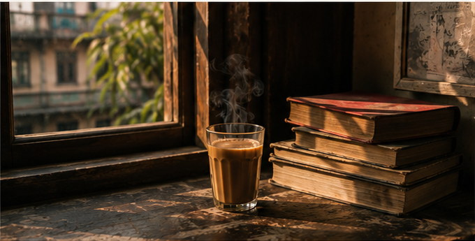 A steaming glass of chai beside old books on a sunlit windowsill