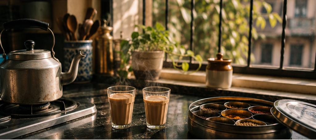 Two glasses of chai beside a stainless-steel masala dabba in a warm Indian kitchen