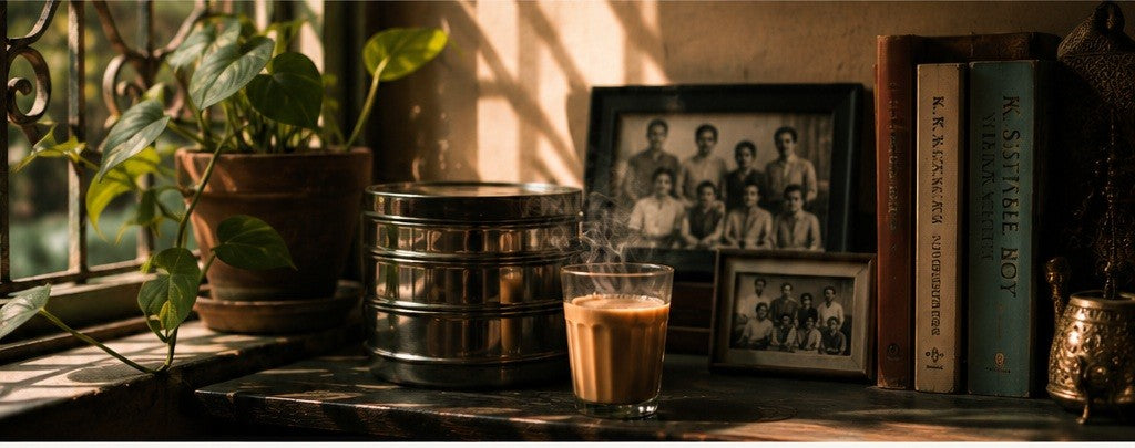 Stacked stainless-steel tiffin beside a glass of chai in warm morning light