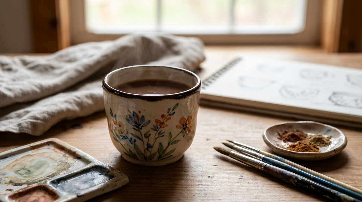 Hand-painted ceramic chai cup in an artisan workshop