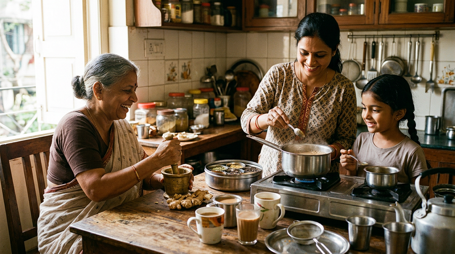 Family members cooking together in a warm home kitchen