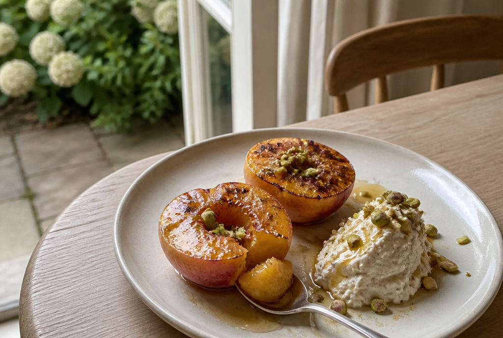 Caramelised peaches with chai-spiced mascarpone, honey and pistachios