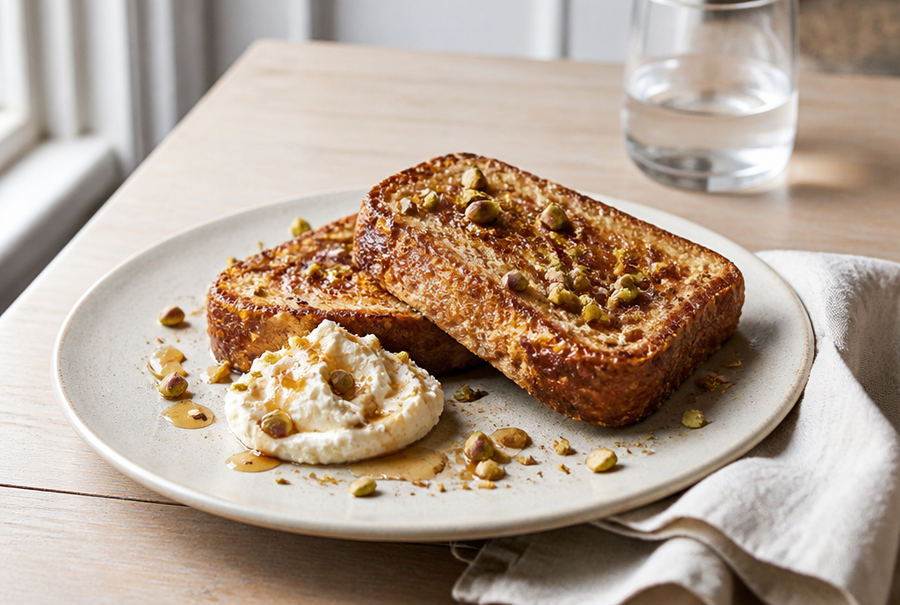 Masala chai French toast with mascarpone, maple syrup and pistachios