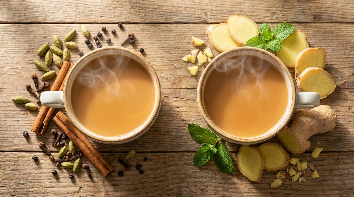 Masala chai and adrak chai with spices and fresh ginger