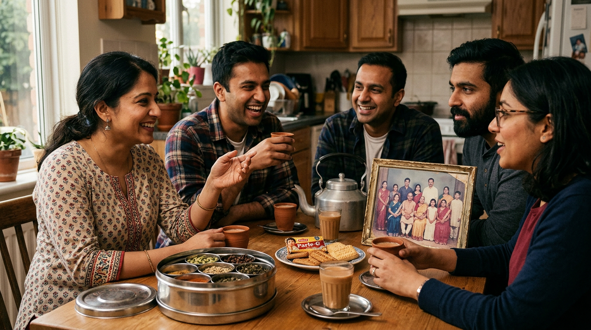 Friends sharing chai and stories around a warm kitchen table