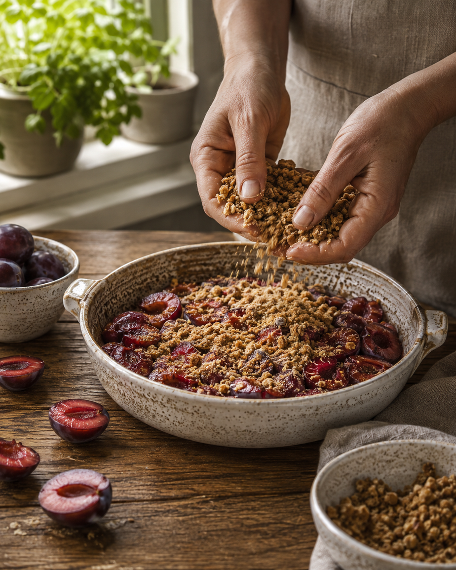 Spiced plum crumble being prepared in a ceramic baking dish