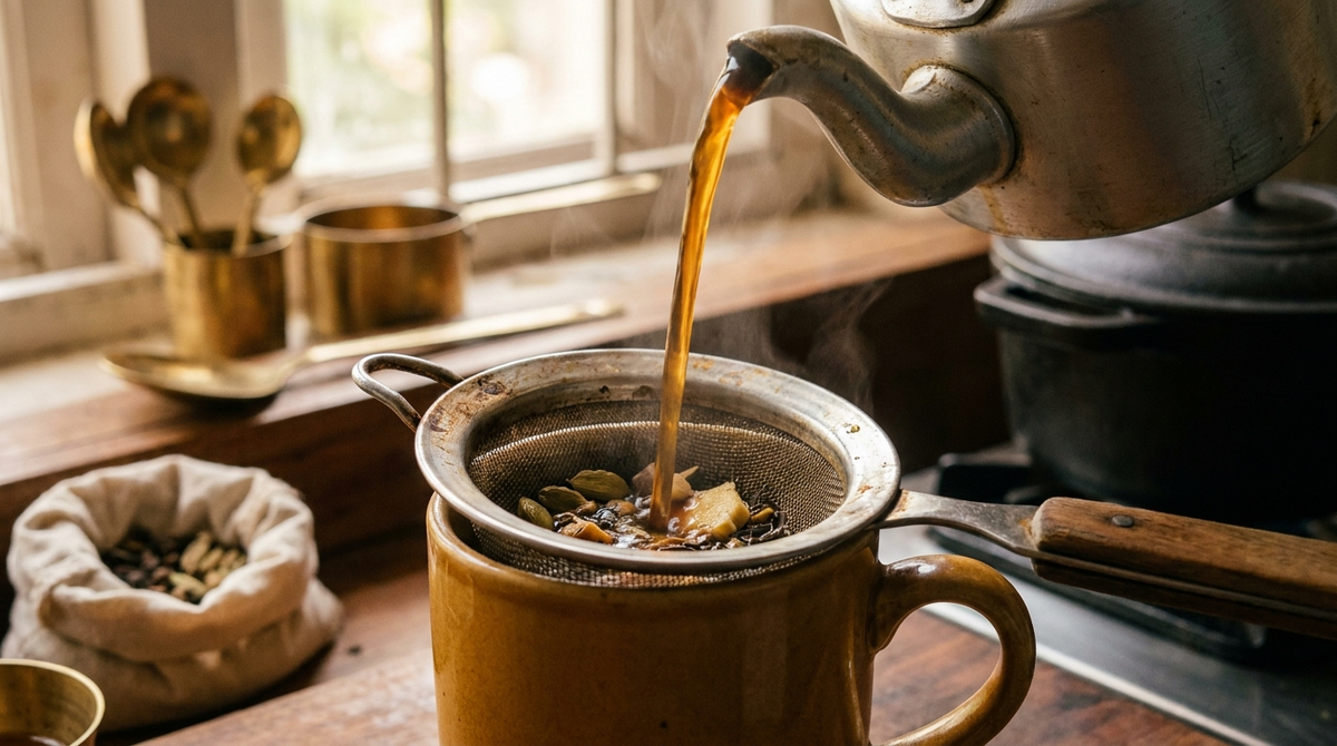 Stainless-steel chai strainer with tea and cardamom over a cup