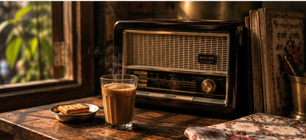 Vintage radio beside a glass of chai and biscuits in a warm Indian home interior