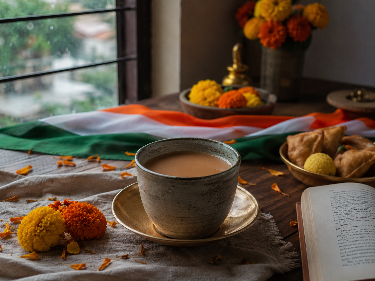 Chai by a rain-speckled window with marigolds and subtle saffron, white and green details