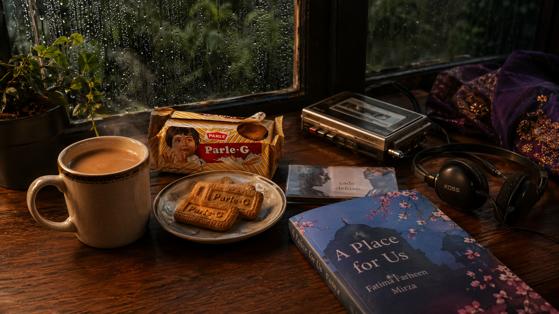 Rainy-day chai table with Parle-G biscuits, Sade cassette and A Place for Us book