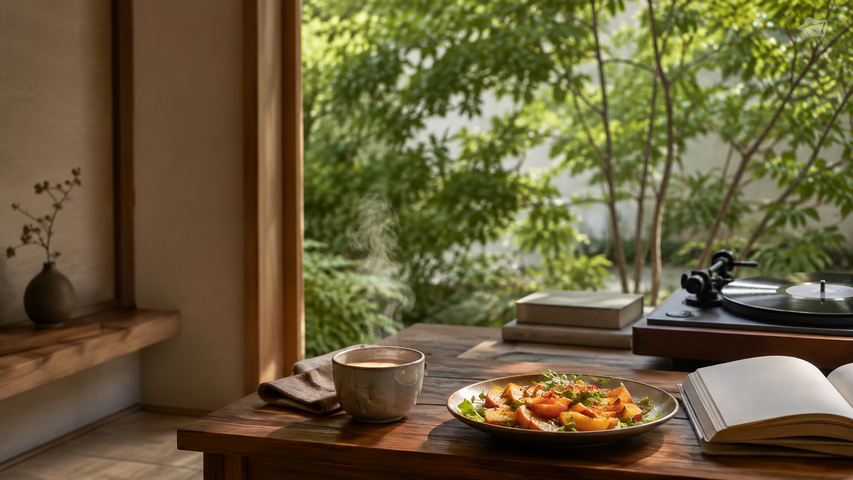 A cup of chai and peach salad on a sunlit wooden table beside a record player and open book with late-summer greenery outside