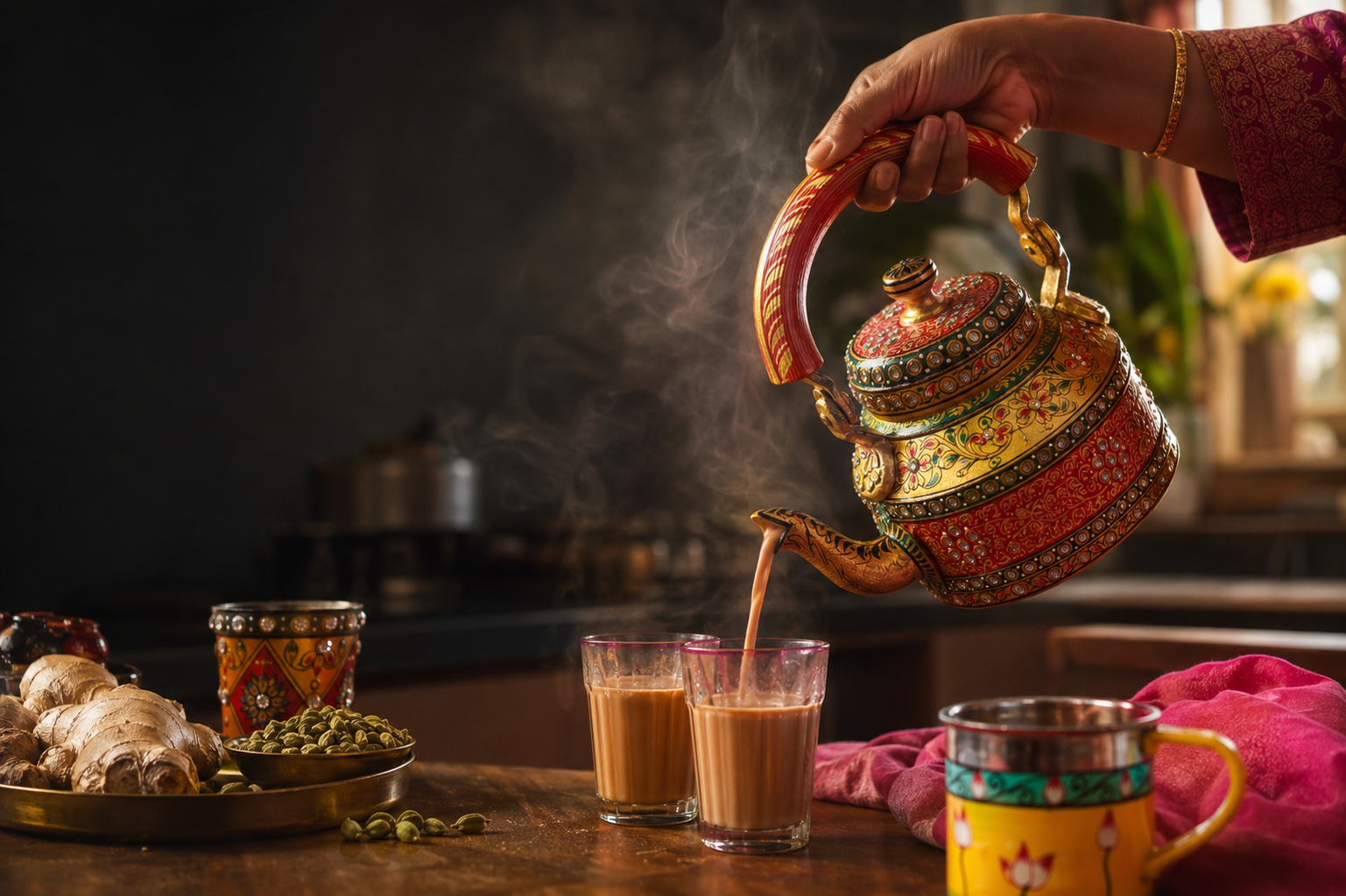 Masala chai being poured from an ornate Indian kettle