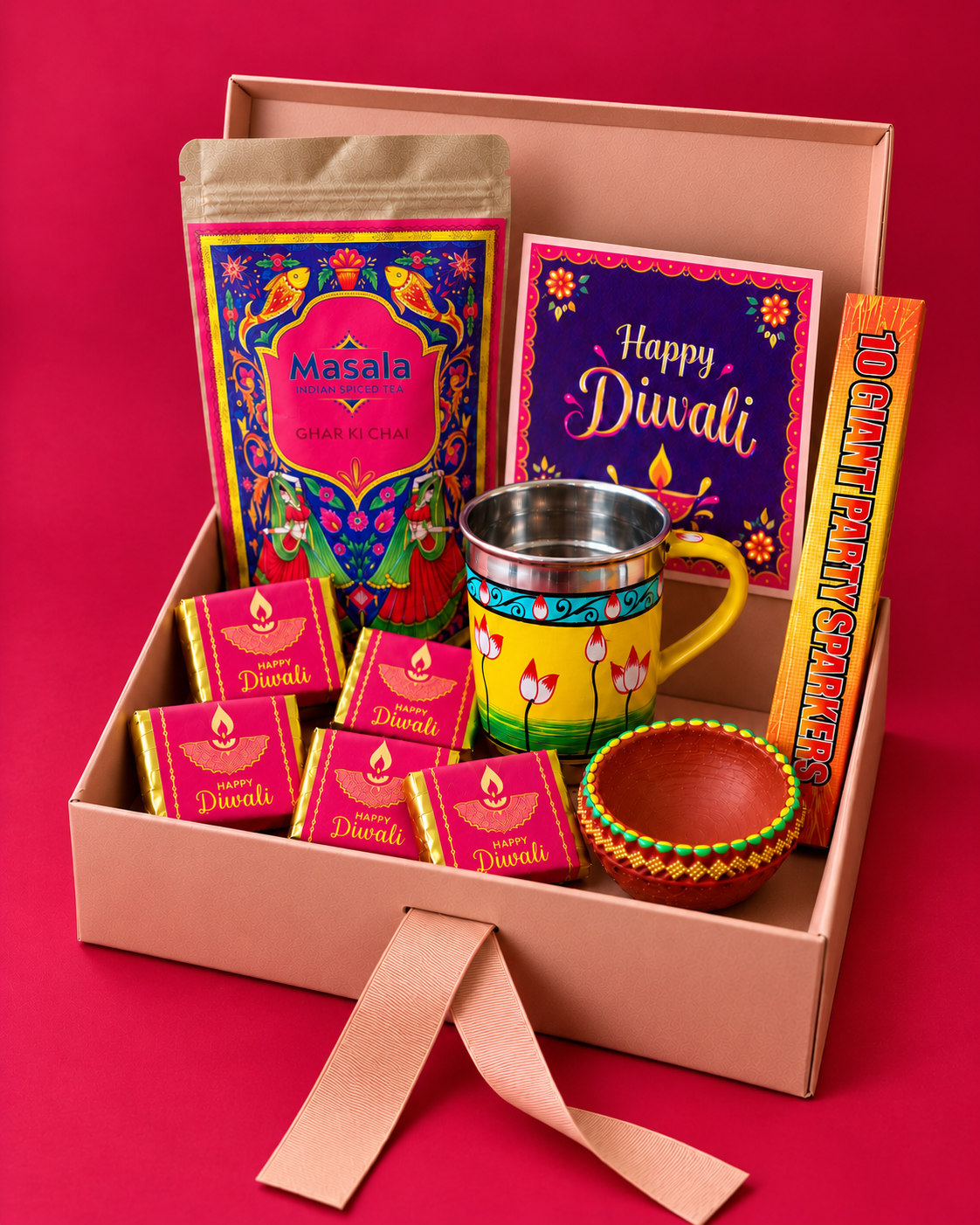 Open Ghar Ki Chai Diwali gift box with Masala Chai, Maharaja cup, five chocolates, diya, sparklers and Diwali card